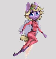 Size: 1000x1050 | Tagged: safe, artist:hollybright, oc, oc only, unicorn, anthro, clothes, determined, female, flying, jetpack, jumpsuit, simple background, solo