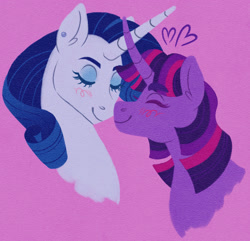 Size: 2391x2308 | Tagged: safe, artist:butchidiot, artist:fizzmitz, rarity, twilight sparkle, pony, unicorn, g4, blushing, bust, duo, ear piercing, earring, eyes closed, female, heart, high res, horn, horns are touching, jewelry, lesbian, mare, nuzzling, piercing, pink background, purple background, ship:rarilight, shipping, simple background, smiling, unicorn twilight