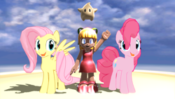 Size: 1280x720 | Tagged: safe, artist:kasden95, fluttershy, pinkie pie, gynoid, luma, pegasus, pony, robot, g4, 3d, andrea libman, baby luma, crossover, female, looking at you, mare, mega man (series), roll (mega man), smiling, smiling at you, super mario bros., super mario galaxy, voice actor joke, waving at you