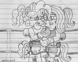 Size: 1280x1013 | Tagged: safe, artist:ct1443ae, fluttershy, pinkie pie, earth pony, pegasus, semi-anthro, g4, boots, boxing, boxing gloves, boxing ring, boxing shorts, clinch, clothes, hug, lined paper, mouth guard, open mouth, pencil drawing, shoes, sports, sports bra, sweat, traditional art