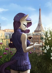 Size: 2300x3253 | Tagged: safe, artist:fidzfox, rarity, unicorn, anthro, g4, alcohol, beret, clothes, dress, eiffel tower, flower, france, glass, hat, high res, lidded eyes, paris, smiling, solo, sunglasses, turtleneck, wine, wine glass