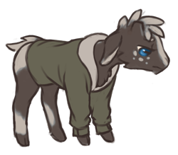 Size: 1024x896 | Tagged: safe, artist:multiverseequine, derpibooru exclusive, oc, oc only, oc:casimir, goat, pony, annoyed, blue eyes, clothes, coat, full body, goat oc, horizontal pupils, looking down, male, rectangular pupil, simple background, solo, transparent background, two toned coat