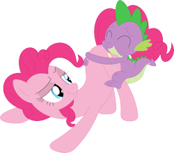 Size: 3567x3140 | Tagged: safe, artist:porygon2z, pinkie pie, spike, dragon, earth pony, pony, g4, balloonbutt, bedroom eyes, butt, butthug, cute, dragon x pony, duo, face down ass up, female, high res, hug, male, mare, misleading thumbnail, plot, seduction, seductive, sexy, ship:pinkiespike, shipping, simple background, smug, spikabetes, straight, transparent background