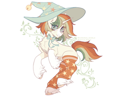 Size: 2400x1890 | Tagged: safe, artist:avroras_world, oc, oc only, pony, unicorn, accessory, bell, bell collar, bow, chest fluff, clothes, collar, commission, ear fluff, eye clipping through hair, eyebrows, female, hat, high res, leg fluff, looking away, mare, multicolored hair, multicolored mane, multicolored tail, short hair, short mane, short tail, simple background, smiling, socks, solo, tail, unshorn fetlocks, white background, witch hat