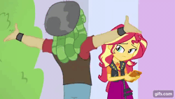 Size: 640x360 | Tagged: safe, screencap, sandalwood, sunset shimmer, human, a fine line, equestria girls, g4, my little pony equestria girls: better together, :o, animated, cellphone, clothes, cutie mark on clothes, duo, falling, female, geode of empathy, gif, gifs.com, jewelry, leather, leather vest, magical geodes, male, necklace, one eye closed, open mouth, ouch, phone, slapstick, smartphone, trust fall, vest