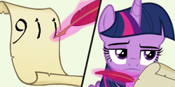 Size: 1000x494 | Tagged: safe, edit, twilight sparkle, alicorn, pony, g4, season 4, testing testing 1-2-3, 911, female, frown, implied facepalm, mare, meme, quill, scroll, twilight sparkle (alicorn), twilight sparkle is not amused, unamused