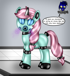 Size: 3840x4154 | Tagged: safe, artist:damlanil, oc, oc:musica melody, latex pony, original species, pony, unicorn, series:becoming drone, bdsm, bondage, boots, close-up, clothes, collar, comic, commission, damlanil's lab, encasement, female, gas mask, horn, laboratory, latex, latex boots, link in description, living latex, mare, mask, mind control, restrained, rubber, rubber drone, rubber suit, shiny, shiny mane, shoes, show accurate, solo, speech bubble, story, story included, tail, tail hole, text, transformation, vector