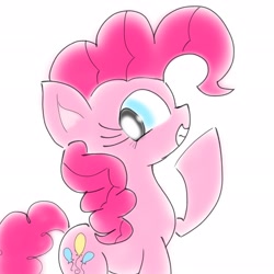 Size: 2048x2048 | Tagged: safe, artist:tiga mega, artist:tiga52080175, pinkie pie, earth pony, pony, g4, female, high res, looking at you, mare, profile, raised hoof, simple background, smiling, smiling at you, solo, white background