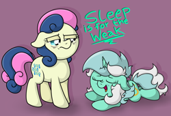 Size: 4125x2799 | Tagged: safe, artist:background basset, bon bon, lyra heartstrings, sweetie drops, earth pony, pony, unicorn, g4, dialogue, duo, eyes closed, floppy ears, lying down, open mouth, prone, simple background, sleep deprivation, text
