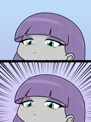Size: 1668x2224 | Tagged: safe, artist:batipin, maud pie, human, equestria girls, g4, 2 panel comic, adorable distress, angry dog noises, anime, blue background, comic, cute, emotionless, eyelashes, eyeshadow, female, makeup, meme, simple background, solo