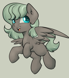 Size: 1560x1752 | Tagged: safe, artist:dumbwoofer, oc, oc:forest air, pegasus, pony, blank flank, ear fluff, female, filly, flying, foal, looking at you, simple background, smiling, solo, spread wings, teeth, wings