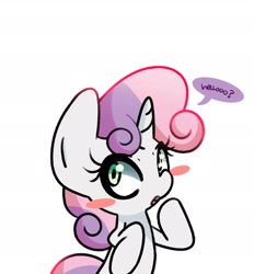 Size: 1800x1936 | Tagged: safe, artist:kindakismet, sweetie belle, pony, unicorn, g4, blush sticker, blushing, female, filly, foal, heart, hello, horn, looking at you, open mouth, simple background, solo, speech bubble, talking, white background