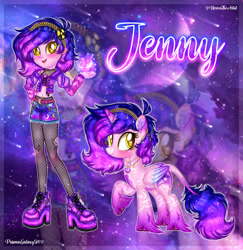 Size: 882x906 | Tagged: safe, artist:noreentheartist, artist:prismagalaxy514, oc, oc only, oc:jenny, alicorn, human, pony, equestria girls, g4, accessory, boots, clothes, ethereal mane, female, galaxy, galaxy mane, hairband, high heel boots, jacket, jewelry, necklace, see-through, shoes, short shirt, shorts, solo