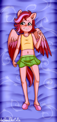 Size: 1172x2500 | Tagged: safe, artist:anibaruthecat, windy, pegasus, anthro, unguligrade anthro, g5, bed, body pillow, body pillow design, clothes, colored wings, explicit source, eyebrows, female, frown, hoof feet, lying down, multicolored wings, on back, on bed, partially open wings, scared, signature, skirt, solo, teeth, wings