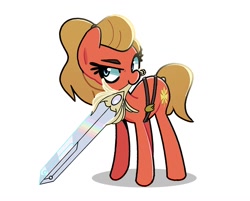 Size: 1384x1114 | Tagged: safe, artist:kindakismet, earth pony, pony, adora, hoof hold, looking at you, she-ra and the princesses of power, simple background, solo, sword, weapon, white background