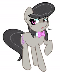 Size: 1998x2403 | Tagged: safe, artist:kindakismet, octavia melody, earth pony, pony, g4, bowtie, female, huh, looking at you, mare, open mouth, raised hoof, simple background, solo, sparkly mane, white background