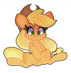 Size: 1707x1763 | Tagged: safe, artist:haichiroo, artist:kindakismet, applejack, earth pony, pony, g4, applejack's hat, cowboy hat, cute, featureless crotch, female, freckles, frown, hat, jackabetes, looking down, mare, simple background, solo, white background
