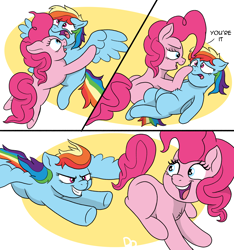 Size: 2406x2566 | Tagged: safe, artist:doodledonutart, pinkie pie, rainbow dash, earth pony, pegasus, pony, g4, boop, chase, comic, grin, high res, looking back, open mouth, open smile, smiling, tag (game), wings