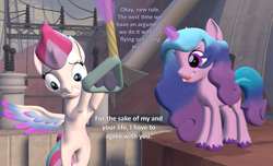 Size: 1776x1080 | Tagged: safe, artist:red4567, izzy moonbow, zipp storm, pegasus, pony, unicorn, g4, g5, 3d, atg 2022, cliff, dialogue, duo, duo female, female, g5 to g4, generation leap, lifting, magic, mare, newbie artist training grounds, rope, source filmmaker