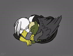 Size: 2600x2000 | Tagged: safe, artist:somber, oc, oc:murky, griffon, pegasus, pony, high res, simple background, snuggling