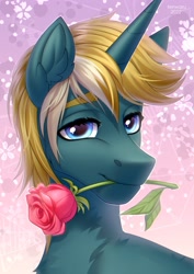 Size: 2480x3507 | Tagged: safe, artist:fenwaru, oc, oc only, oc:wooded bastion, pony, unicorn, flower in mouth, high res, male, rose, rose in mouth, solo, stallion