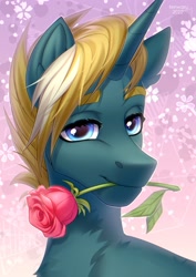 Size: 2480x3507 | Tagged: safe, alternate version, artist:fenwaru, oc, oc only, oc:wooded bastion, pony, unicorn, flower in mouth, high res, male, rose, rose in mouth, solo, stallion