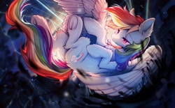 Size: 2048x1271 | Tagged: safe, artist:swaybat, rainbow dash, pegasus, pony, butt, chest fluff, chromatic aberration, ear fluff, eye clipping through hair, eyebrows, eyebrows visible through hair, featured image, female, fluffy, flying, frog (hoof), leg fluff, lidded eyes, mare, on back, partially open wings, plot, solo, underhoof, wings