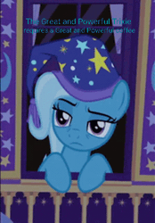 Size: 347x498 | Tagged: safe, edit, edited screencap, screencap, trixie, pony, unicorn, g4, season 6, to where and back again, animated, blinking, clothes, cropped, female, gif, hat, loop, mare, text, tired, trixie's hat
