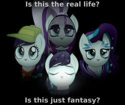 Size: 2500x2100 | Tagged: safe, artist:starless, derpibooru exclusive, coloratura, earth pony, pony, g4, bohemian rhapsody, camp friendship, countess coloratura, female, filly, foal, high res, lyrics, mare, multeity, queen (band), rara, self paradox, self ponidox, singing, solo, song reference, text, time paradox