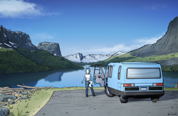 Size: 3808x2480 | Tagged: safe, artist:apocheck13, trixie, unicorn, anthro, g4, boots, clothes, denim, facing away, female, forest, high res, jeans, lake, mountain, mountain range, pants, rv, scenery, shirt, shoes, signature, solo, t-shirt, tail, tail hole, vehicle, vixen 21 motorhome, water