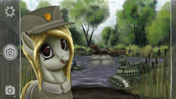 Size: 1280x720 | Tagged: safe, artist:dr-fade, oc, oc:ukraine, pony, camera shot, comments locked down, current events, implied russia, nation ponies, river, sinking, solo, tank (vehicle), ukraine, war, water, z (military symbol)