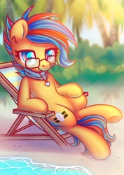 Size: 2150x3035 | Tagged: safe, artist:wavecipher, oc, oc only, oc:soundwave, earth pony, pony, beach chair, chair, glasses, high res, jewelry, pendant, sitting, solo