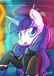 Size: 2480x3508 | Tagged: safe, artist:wavecipher, rarity, pony, unicorn, g4, beatnik rarity, beret, clothes, female, hat, high res, mare, open mouth, solo, sweater, wip