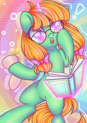 Size: 2480x3508 | Tagged: safe, artist:wavecipher, oc, oc only, pony, unicorn, book, cup, dork, glasses, heart, heart eyes, high res, hoof on cheek, open mouth, pigtails, solo, wingding eyes