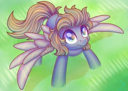 Size: 3508x2480 | Tagged: safe, artist:wavecipher, oc, oc only, oc:long jump, pegasus, pony, amputee, artificial wings, augmented, high res, looking up, prosthetic limb, prosthetic wing, prosthetics, solo, spread wings, wings