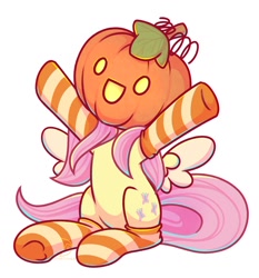 Size: 1848x1980 | Tagged: safe, alternate version, artist:wavecipher, fluttershy, pegasus, pony, g4, clothes, costume, cute, halloween, halloween costume, holiday, jack-o-lantern, mask, pumpkin, shyabetes, simple background, sitting, socks, solo, spread wings, striped socks, white background, wings, ych example, your character here