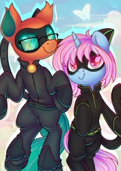 Size: 848x1200 | Tagged: safe, artist:wavecipher, oc, oc only, changedling, changeling, pony, bell, bodysuit, cat bell, cat ears, catsuit, chat noir, clothes, cosplay, costume, duo, glasses, heart, heart eyes, lady noire, mask, miraculous ladybug, wingding eyes