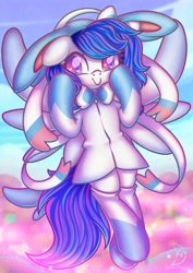 Size: 2480x3508 | Tagged: safe, artist:wavecipher, oc, oc only, oc:blue visions, pegasus, pony, sylveon, clothes, costume, disguise, disguised changeling, heart, heart eyes, high res, pegasus oc, pokémon, solo, wingding eyes