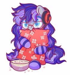 Size: 2480x2650 | Tagged: safe, artist:wavecipher, oc, oc only, oc:cinnabyte, pony, bowl, clothes, commission, food, glasses, headphones, high res, hug, long mane, pillow, pillow hug, popcorn, scared, simple background, socks, solo, striped socks, white background, ych result