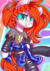 Size: 2480x3508 | Tagged: safe, artist:wavecipher, oc, oc only, oc:trashie, earth pony, pony, '90s, clothes, female, high res, looking at you, mare, ripped stockings, shirt, solo, stockings, t-shirt, thigh highs, torn clothes