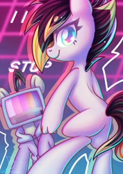 Size: 2480x3508 | Tagged: safe, artist:wavecipher, oc, oc only, oc:cipher wave, oc:mono, earth pony, hybrid, pony, clothes, hand, high res, hoodie, looking back, object head, television