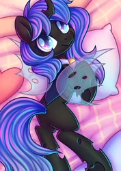 Size: 2480x3508 | Tagged: safe, artist:wavecipher, oc, oc only, oc:blue visions, changeling, bed, blue changeling, heart, heart eyes, high res, looking back, lying down, on side, pillow, solo, wingding eyes