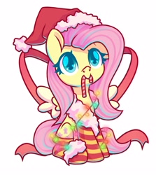 Size: 2276x2548 | Tagged: safe, artist:wavecipher, fluttershy, pegasus, pony, g4, candy, candy cane, christmas, christmas lights, clothes, cute, food, hat, heart, heart eyes, high res, holiday, santa hat, shyabetes, simple background, socks, solo, striped socks, white background, wingding eyes, ych example, your character here