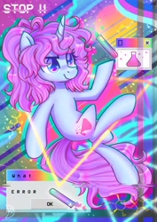 Size: 2480x3508 | Tagged: safe, artist:wavecipher, oc, oc only, oc:blithe, pony, unicorn, high res, retrowave, solo, test tube, triangle
