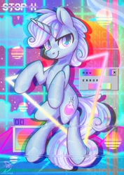 Size: 2480x3508 | Tagged: safe, artist:wavecipher, oc, oc only, oc:snowy charm, crystal pony, pony, unicorn, high res, male, retrowave, solo, stallion, triangle