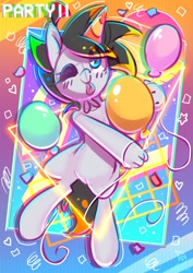 Size: 2480x3508 | Tagged: safe, artist:wavecipher, oc, oc only, oc:cipher wave, earth pony, hybrid, pony, ;p, abstract background, balloon, hand, hat, heart, heart eyes, high res, one eye closed, party hat, sketch, solo, tongue out, triangle, wingding eyes