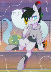 Size: 2480x3508 | Tagged: safe, artist:wavecipher, oc, oc only, oc:cipher wave, earth pony, ghost, hybrid, pony, undead, candy, clothes, food, hand, high res, hoodie, lollipop, sitting, solo