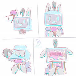 Size: 2315x2341 | Tagged: safe, artist:wavecipher, oc, oc only, oc:mono, pony, 4 panel comic, comic, crt, crying, floppy ears, food, high res, ice cream, ice cream cone, object head, reality ensues, simple background, sketch, television, white background