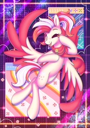 Size: 2480x3508 | Tagged: safe, artist:wavecipher, oc, oc only, oc:candy rain, pegasus, pony, abstract background, candy, clothes, colored wings, food, high res, lollipop, one eye closed, open mouth, open smile, scarf, smiling, solo, two toned wings, wings