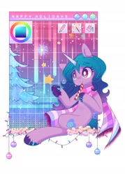 Size: 1944x2708 | Tagged: safe, artist:wavecipher, izzy moonbow, pony, unicorn, g5, 2021, backwards cutie mark, bauble, candy, candy cane, christmas, christmas ornament, clothes, decoration, food, happy holidays, holiday, horn, scarf, simple background, solo, unshorn fetlocks, white background, white pupils, ych example, your character here